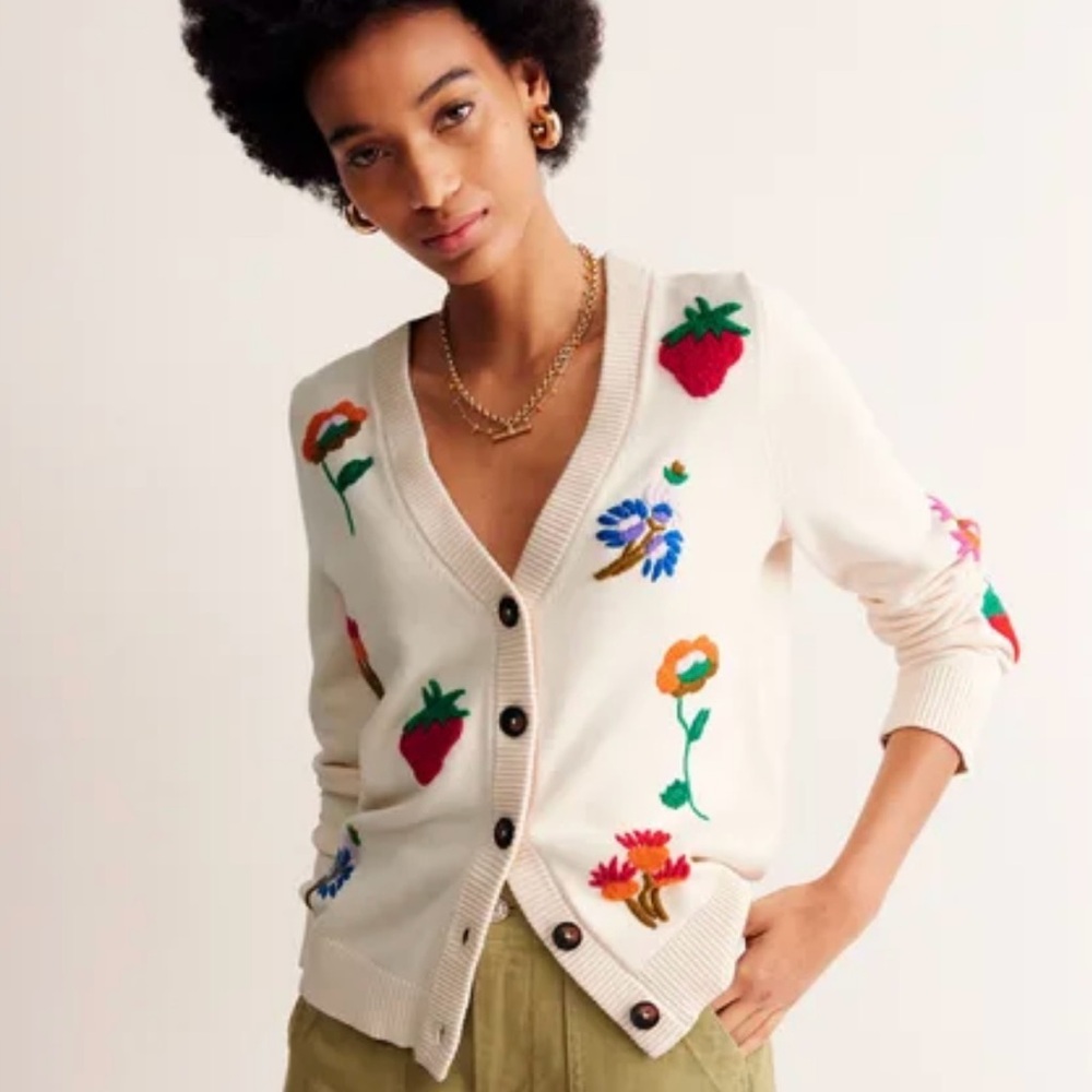 Boden Chunky Motif Cardigan XL Embroidered with flowers and strawberries